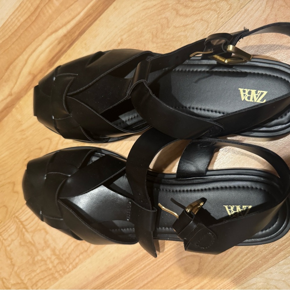 Zara Black Leather Woven Ankle-Strap Sandals